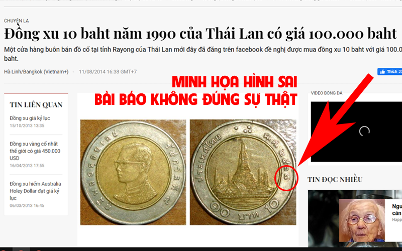 Đồng xu 10 baht Thái Lan 1990 trên báo lá cải