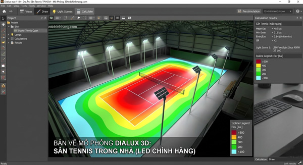 Bản vẽ mô phỏng dialux hệ thống chiếu sáng sân tennis trong nhà
