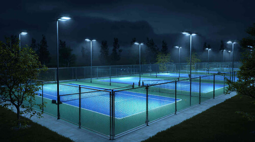 Sơ đồ kỹ thuật bố trí 4 đến 6 cột đèn dọc hai đường biên sân pickleball chuẩn chống chói