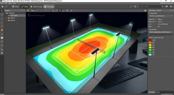 Mô phỏng độ rọi Lux sân Tennis bằng phần mềm Dialux chuyên dụng