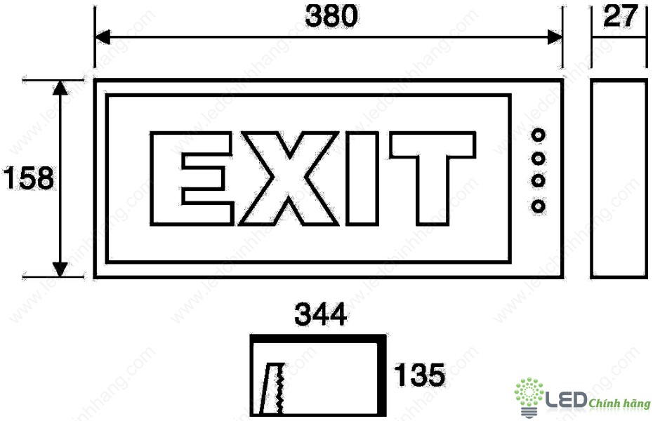 Kích thước đèn EXIT thoát hiêm Paragon PEXA13RW