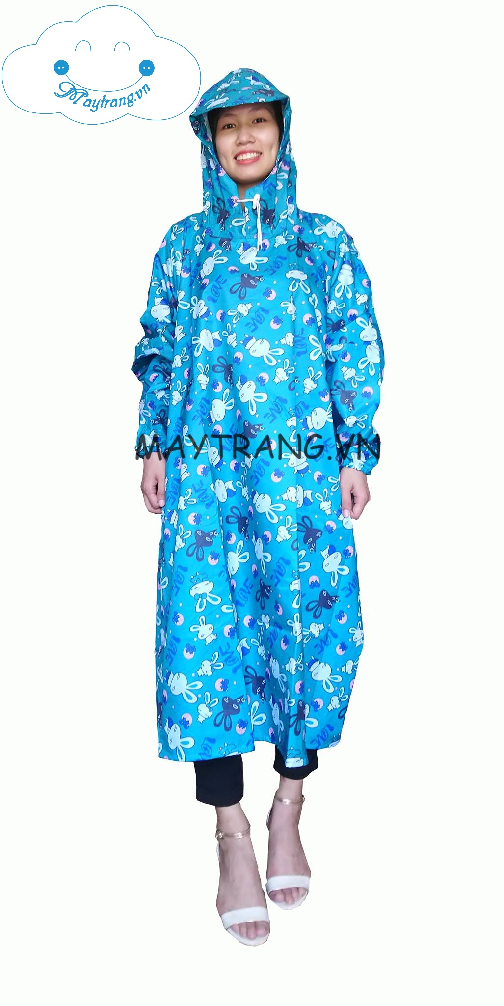 ÁO MƯA KHÔNG XẺ TÀ VẢI DÙ CAO CẤP - CON THỎ MÀU XANH RÊU