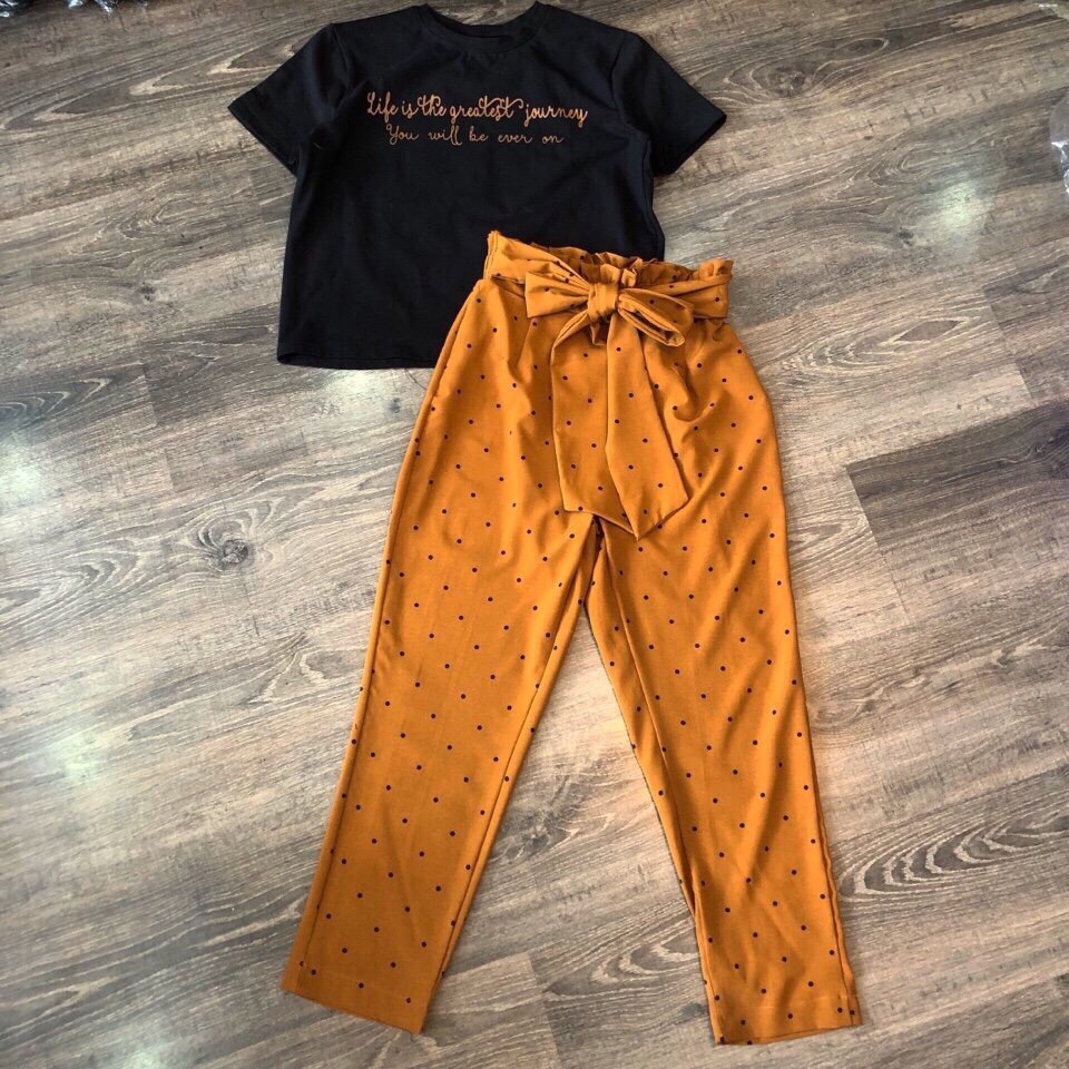 Set áo thun mix quần bi nơ eo