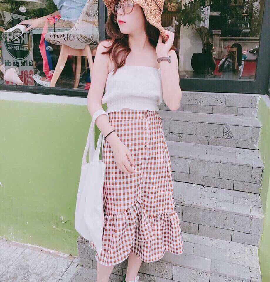 🌸Set áo trễ vai hoa kèm chân váy caro nút 😀 😊 màu xanh