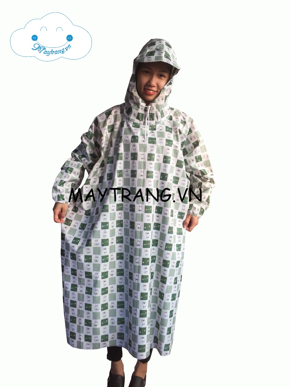 ÁO MƯA KHÔNG XẺ TÀ - VẢI DÙ CAO CẤP - THỎ CARO TRẮNG