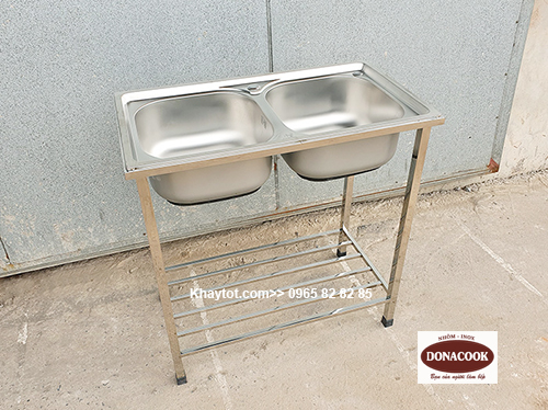 CHẬU RỬA INOX 2 HỐ CÓ CHÂN INOX