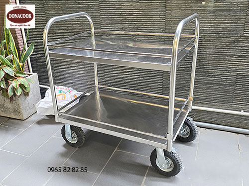 XE ĐẨY INOX 2 TẦNG CÓ BÁNH LỐP BƠM HƠI