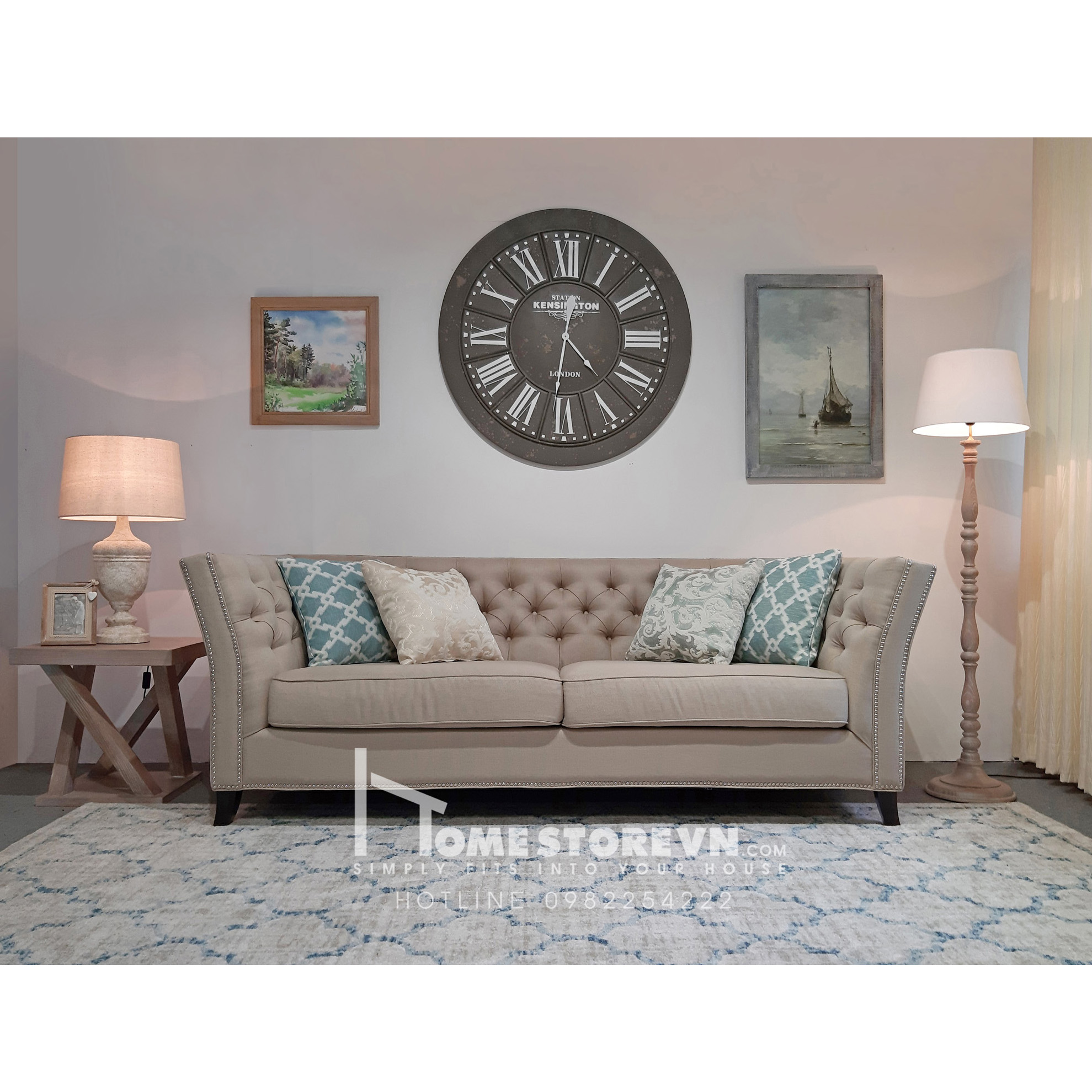 Sofa lưng nút tay vát loe có đinh dài 2m2