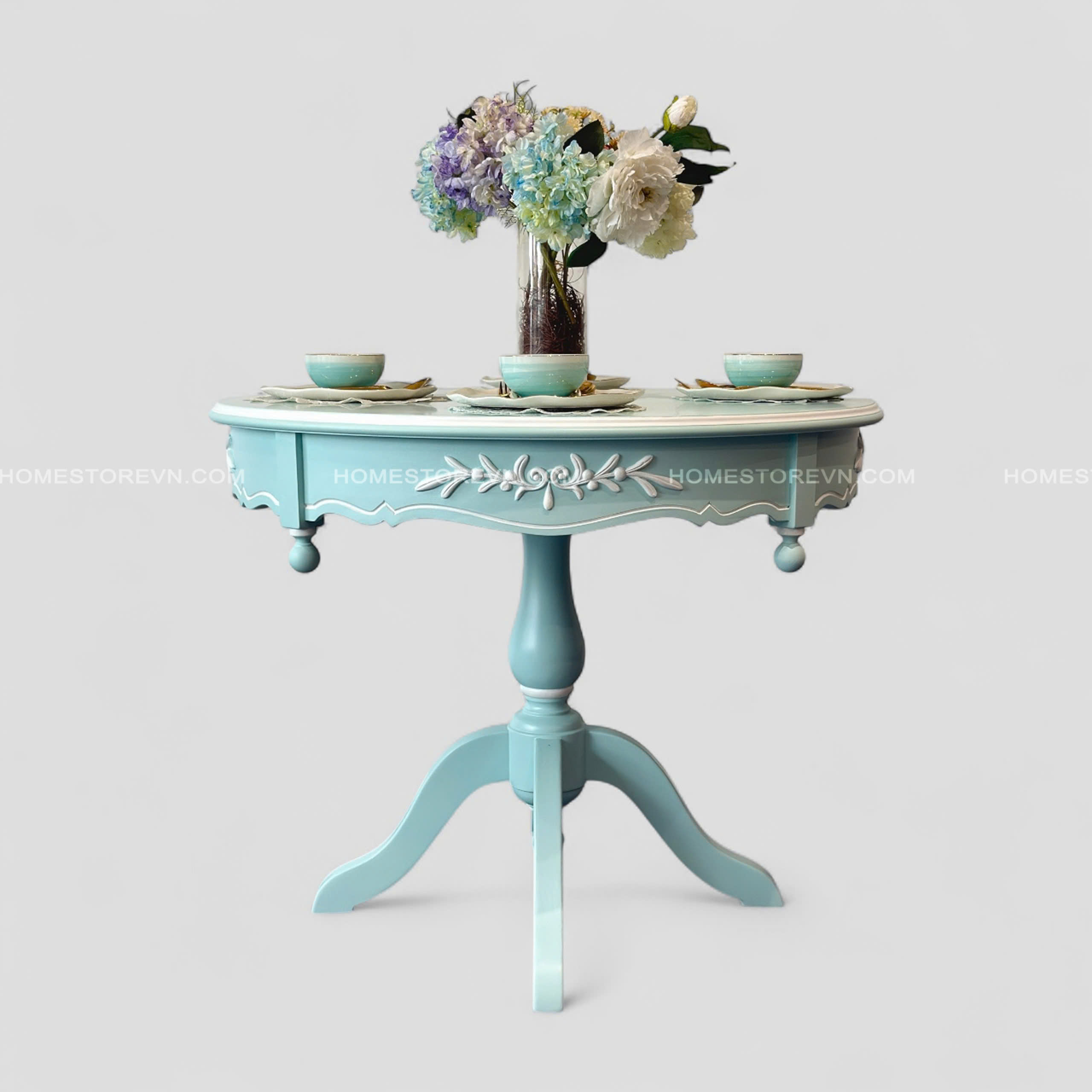 Bàn ăn tròn D94cm Vintage xanh có hoa văn nổi