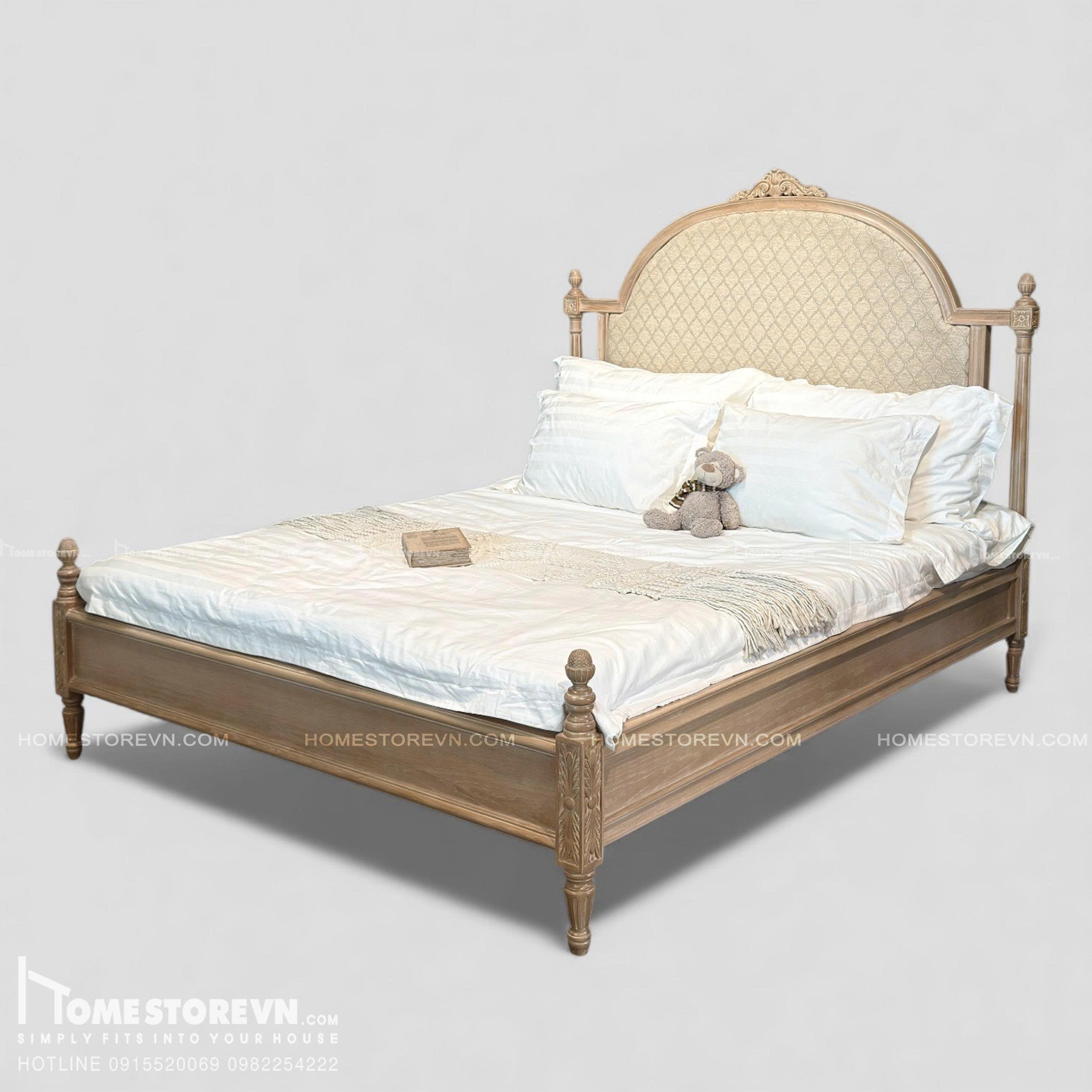 Giường gỗ Vintage lưng lượn bọc vải có nút - GI8