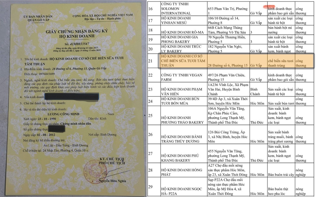 Giấy phép kinh doanh sữa bò tươi Tâm Thuận