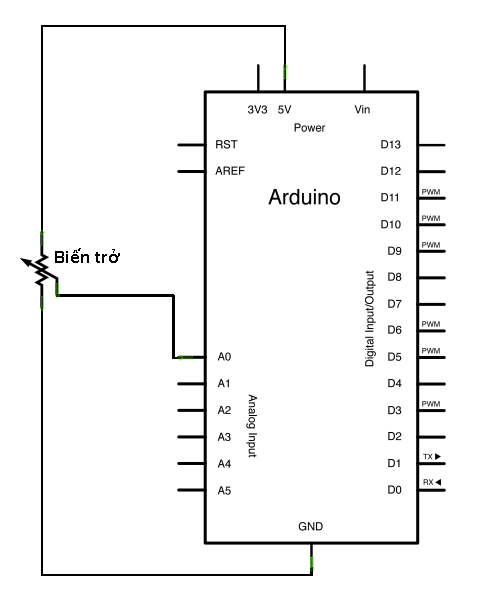 sơ đồ đấu nối chân arduino để đo điện áp sử dụng hàm analogRead.