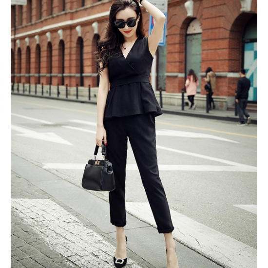 Set Áo Peplum Quần Xắn Lai - ĐEN #S600D