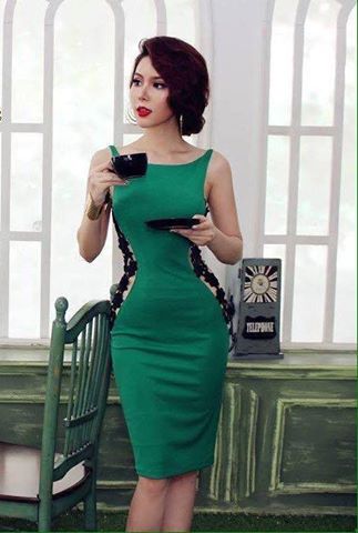 Đầm body xanh phối ren _ HA198