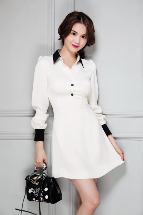 Đầm Sơ Mi Tay Dài Giống Ngọc Trinh - Trắng _ HA205