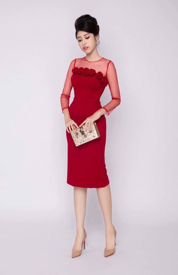 Đầm Body Tay Lưới Kết Hoa Hồng - Đỏ _ HA398