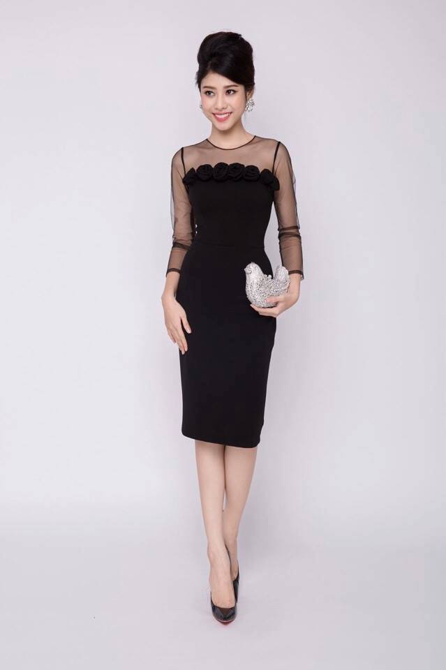 Đầm Body Tay Lưới Kết Hoa Hồng - Đen _ HA398