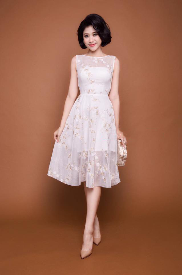 Đầm Xòe Lưới Thêu Hoa Cao Cấp - Trắng _ HA376