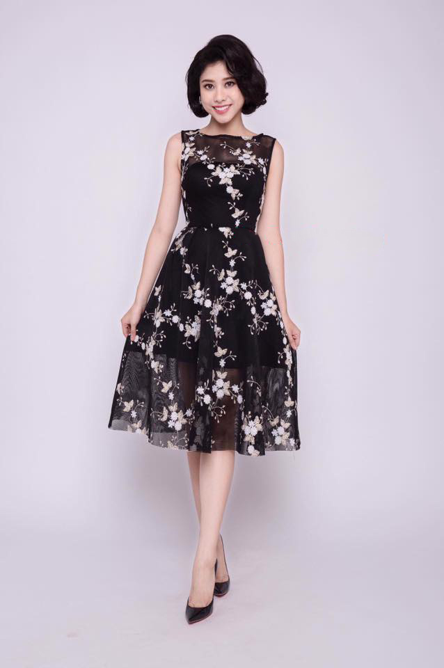 Đầm Xòe Lưới Thêu Hoa Cao Cấp - Đen _ HA376