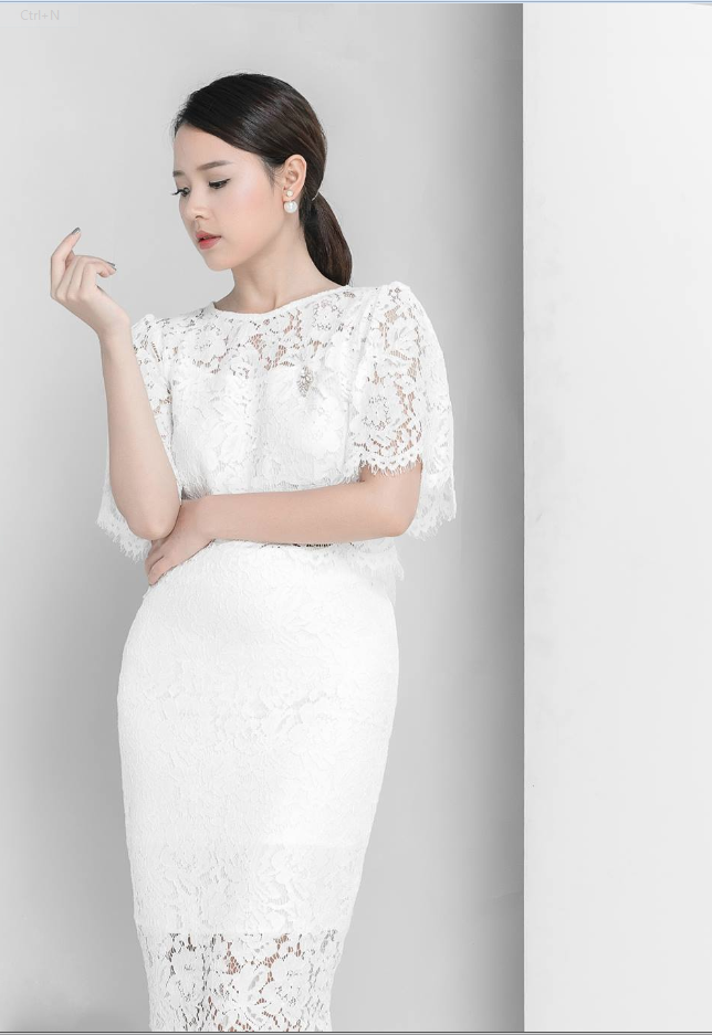Set Áo Ren Croptop + Chân Váy Bút Chì Giống Midu - Trắng _ HA409