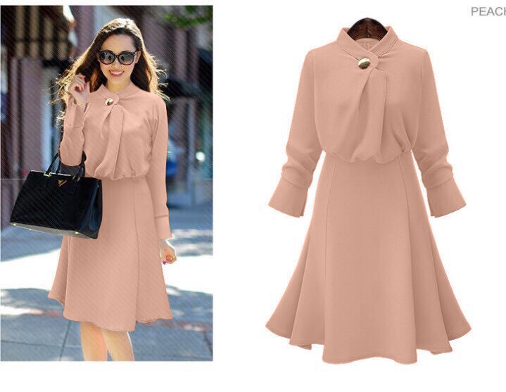 Đầm Công Sở Tay Dài Đính Nút Cổ - Be _ HA392