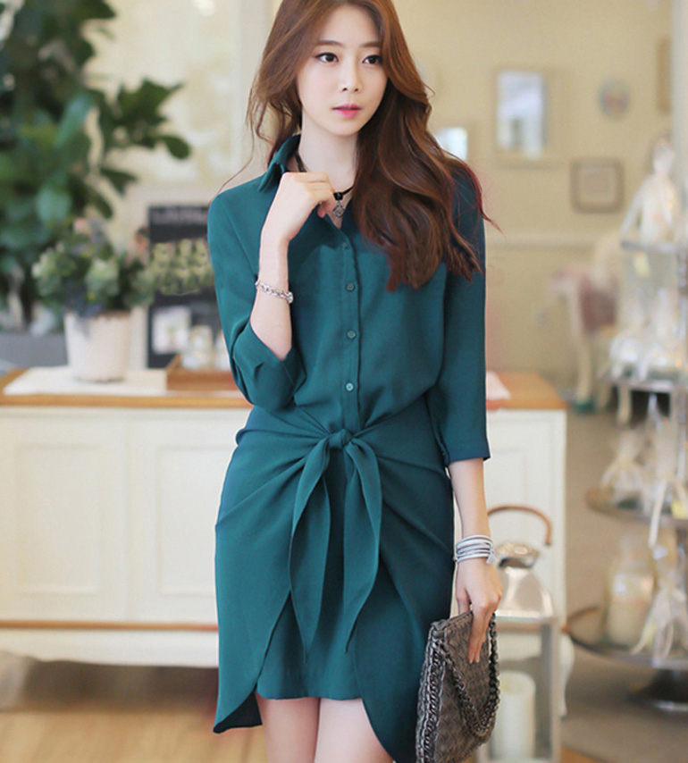 Đầm Công Sở Sơ Mi Tay Lỡ Thiết Kế Hiện Đại - Xanh Lá _ HA254