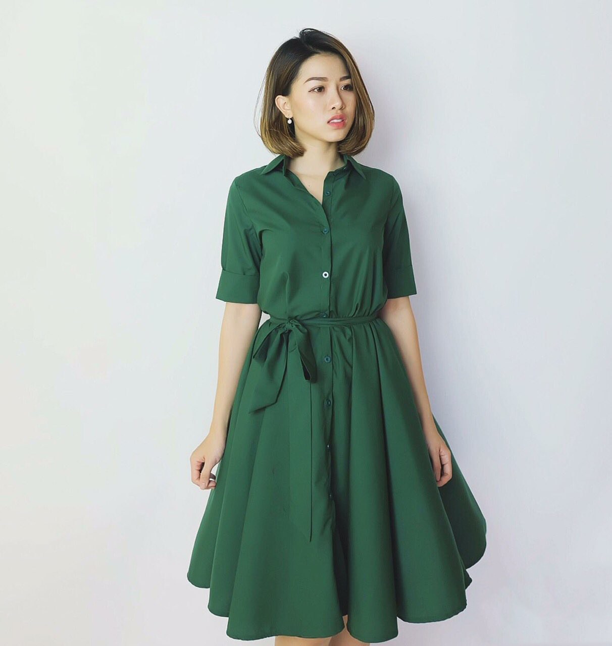 Đầm Xòe Cổ Sơ Mi Có Túi Kèm Thắt Lưng - Xanh #D564X