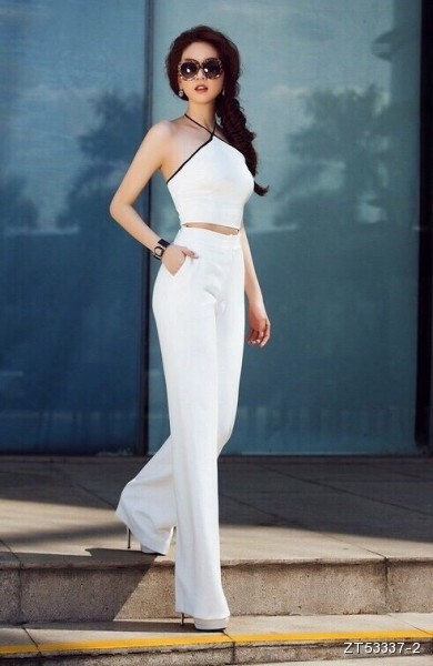 Set áo crop và quần ống suông sang trọng – TRẮNG _ HA289