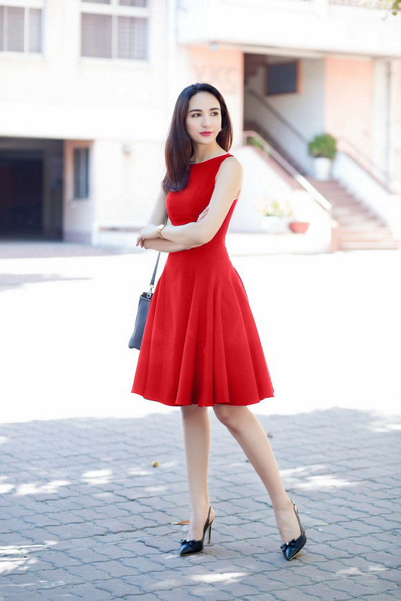 Đầm Xòe Xếp Ly Xinh Như Ngọc Diễm - Đỏ _ HA287