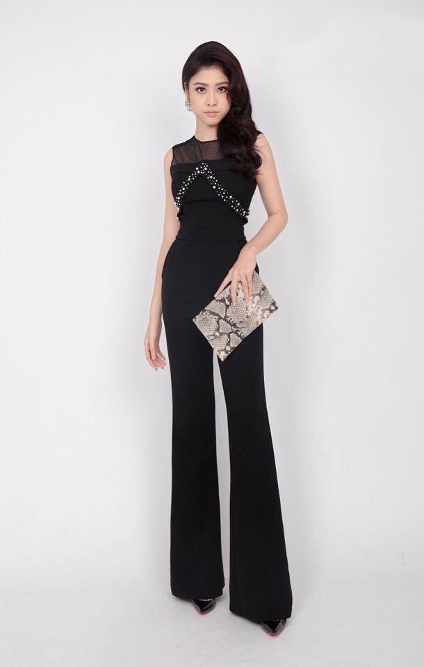 Jumpsuit Ống Rộng Phối Lưới Và Viền Dây Đá - Đen _ HA389