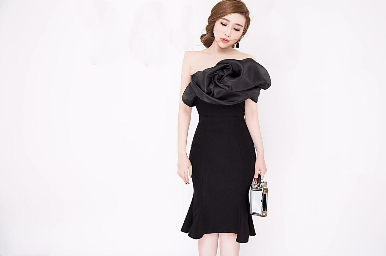 Đầm Dự Tiệc Bông Hồng Lớn Cao Cấp - Đen _ HA375