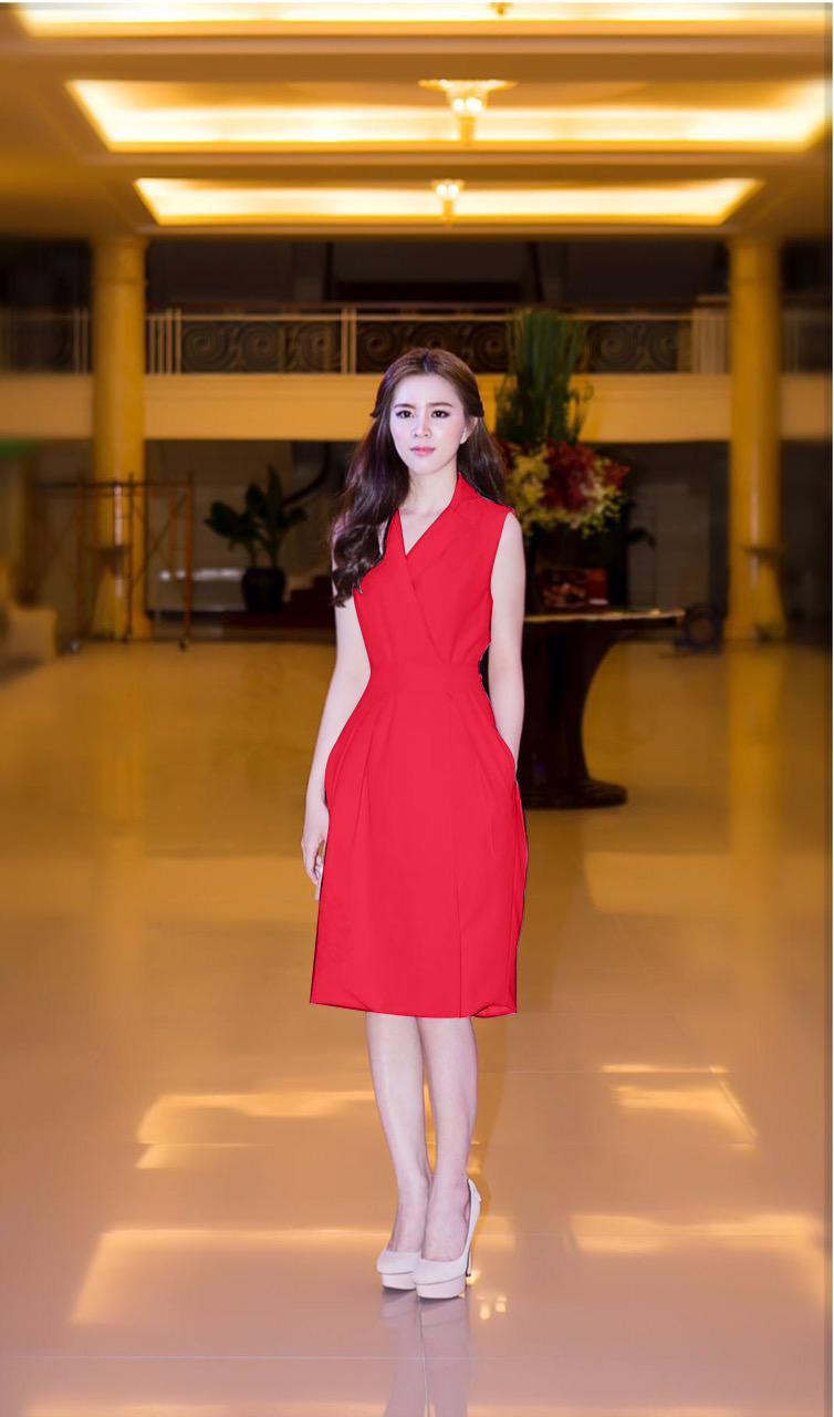 Đầm Cổ Vest Thanh Lịch Có Túi - Đỏ _ HA391