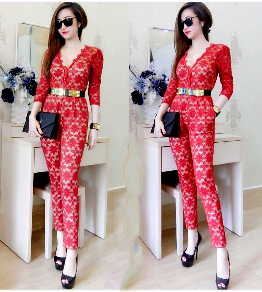 Bộ Đồ Bay Ren Tay Dài Cao Cấp Kèm Belt - Đỏ _ HA236