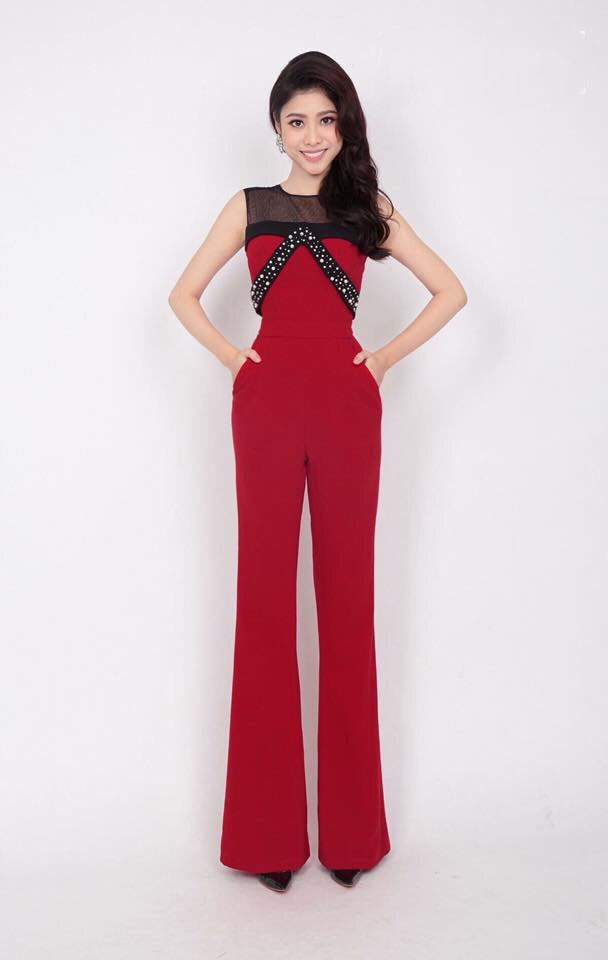 Jumpsuit Ống Rộng Phối Lưới Và Viền Dây Đá - Đỏ _ HA389