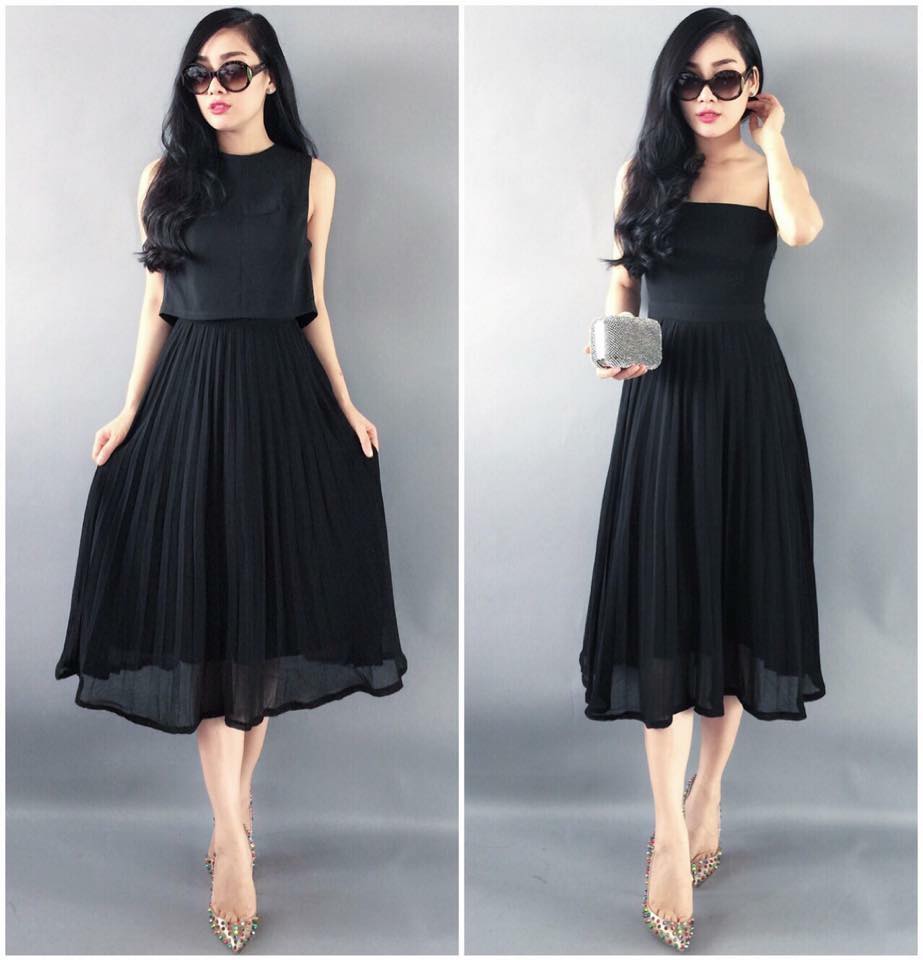 Đầm Maxi Dập Ly 2 Dây Kèm Áo Khoác - Đen _ HA167