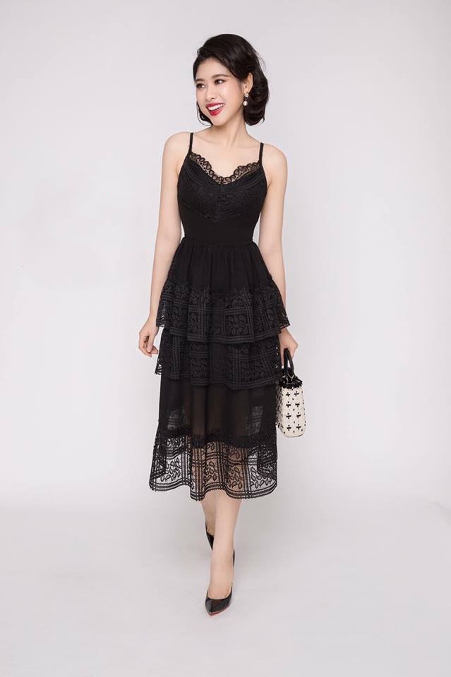 Đầm Voan Maxi 2 Dây Phối Ren - Đen #DR726D