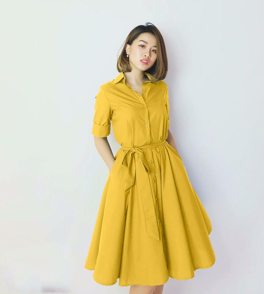 Đầm Xòe Cổ Sơ Mi Có Túi Kèm Thắt Lưng - VÀNG #D564V