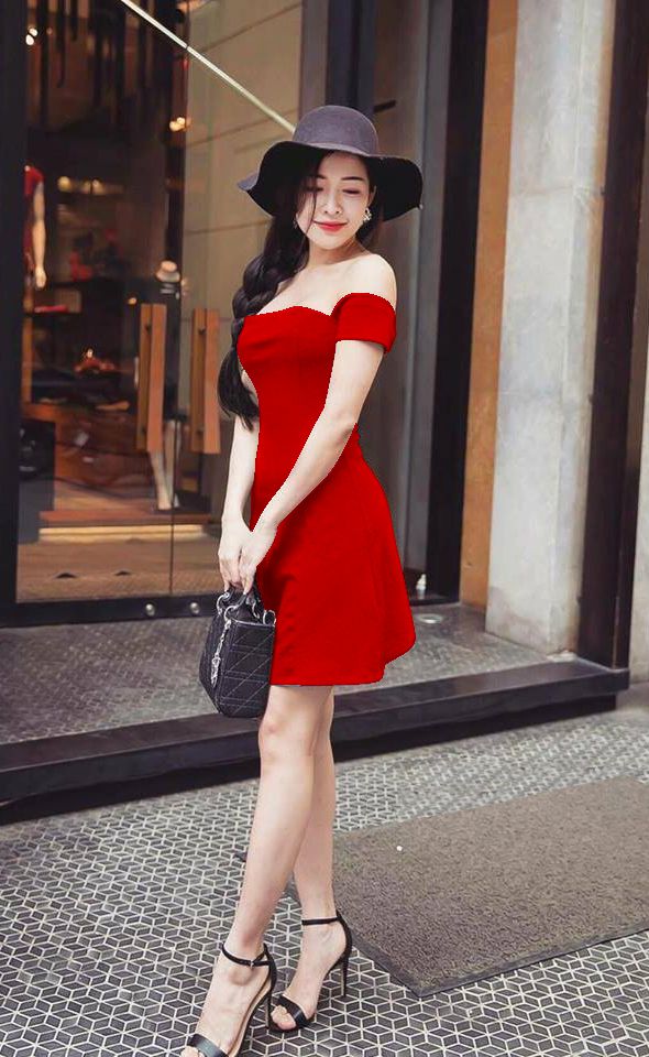 Đầm đỏ chữ A trễ vai _ HA374