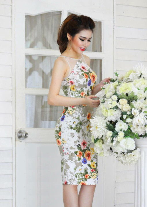 Đầm body họa tiết bông phối lưới _ HA214