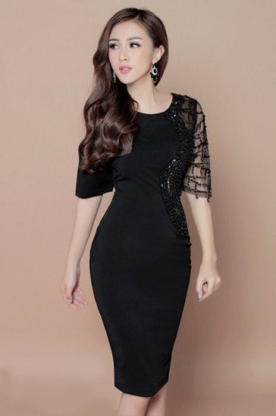 Đầm body phối kim sa _ HA255