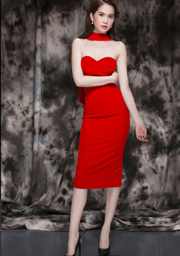 Đầm đỏ body cúp ngực dây quàng cổ Ngọc Trinh _ HA342