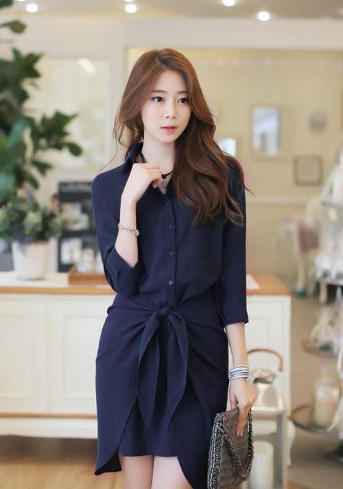Đầm Công Sở Sơ Mi Tay Lỡ Thiết Kế Hiện Đại - Xanh Đen _ HA254