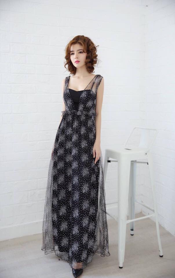 Đầm Maxi Lưới Kim Tuyến Nhún Bèo #MX276DEN