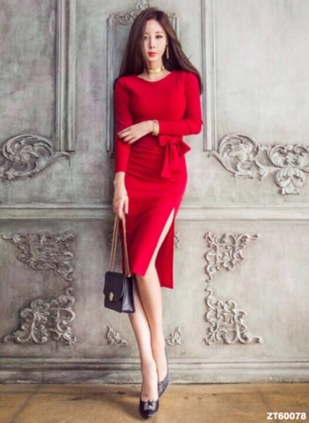 Đầm body xẻ đùi thắt nơ eo xinh xắn _ HA314