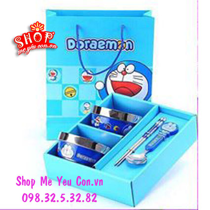 Bộ 2 bát đũa thìa chống nóng cho bé, bộ bát inox 2 lớp hình Doraemon và Kitty Bo-bat-doremon