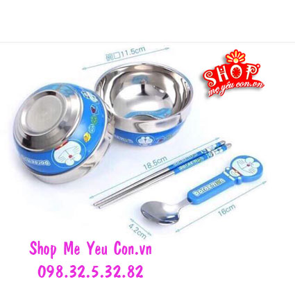 Bộ 2 bát đũa thìa chống nóng cho bé, bộ bát inox 2 lớp hình Doraemon và Kitty Bo-bat-doremon2