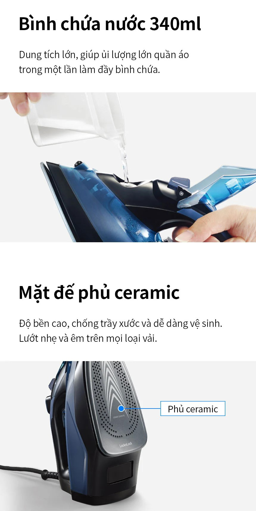 Bàn ủi | bàn là hơi nước LocknLock ENI362BLU công suất 2400w