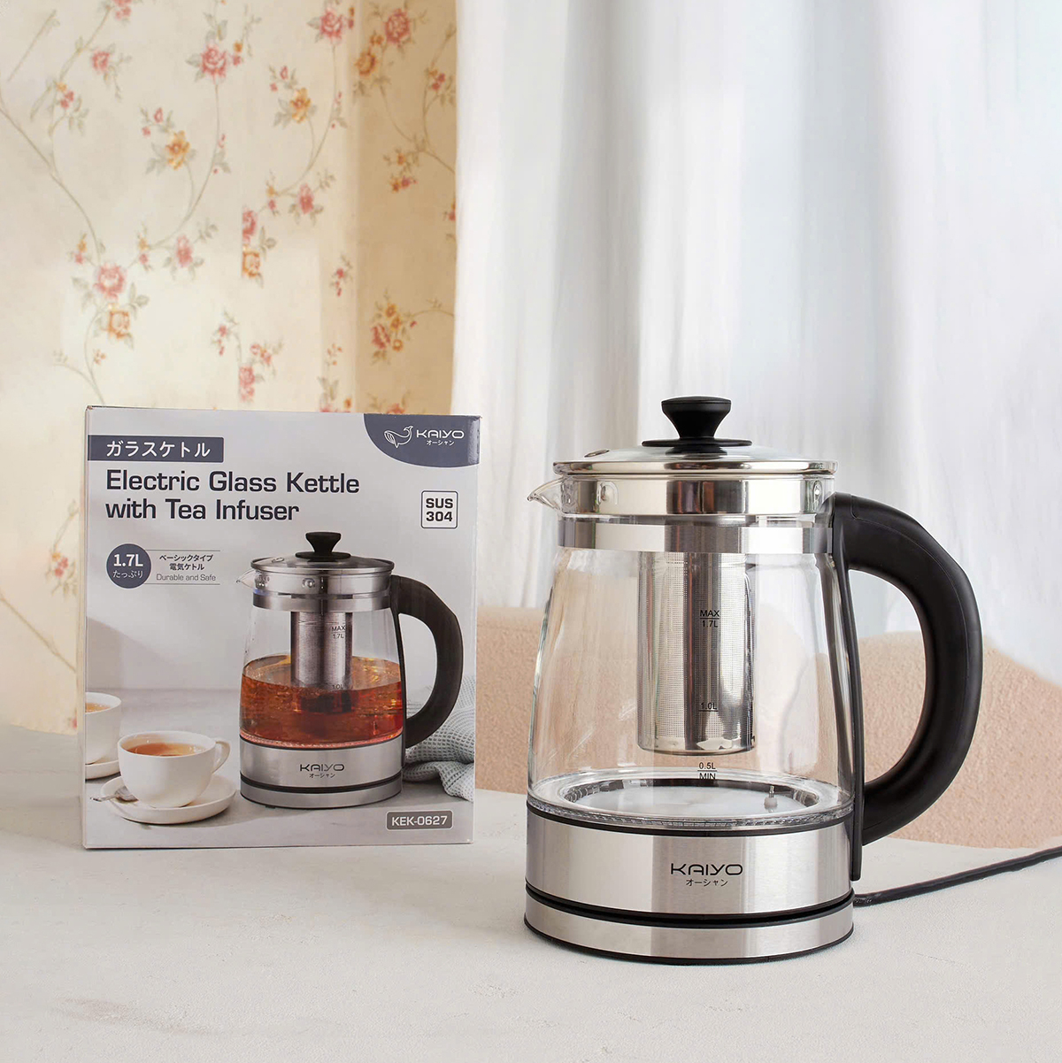 Ấm siêu tốc thuỷ tinh borosilicate kèm lọc trà có điều chỉnh nhiệt độ Kaiyo 1.7L (KEK-062)