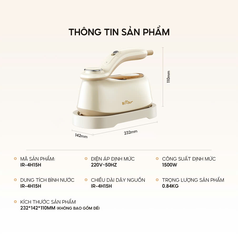 Bàn là / bàn ủi hơi nước cầm tay Bear IR-4H15H áp suất cao phun hơi mạnh mẽ