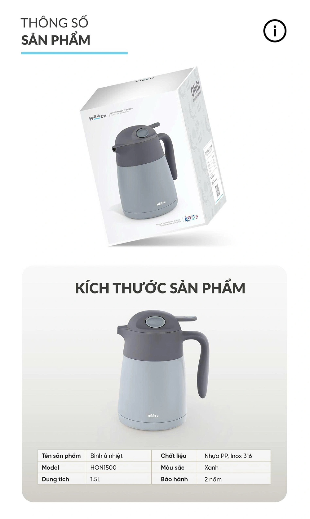 Bình ủ nhiệt pha trà Ongi Haatz inox cao cấp 316 có phin lọc dung tích 1500ml